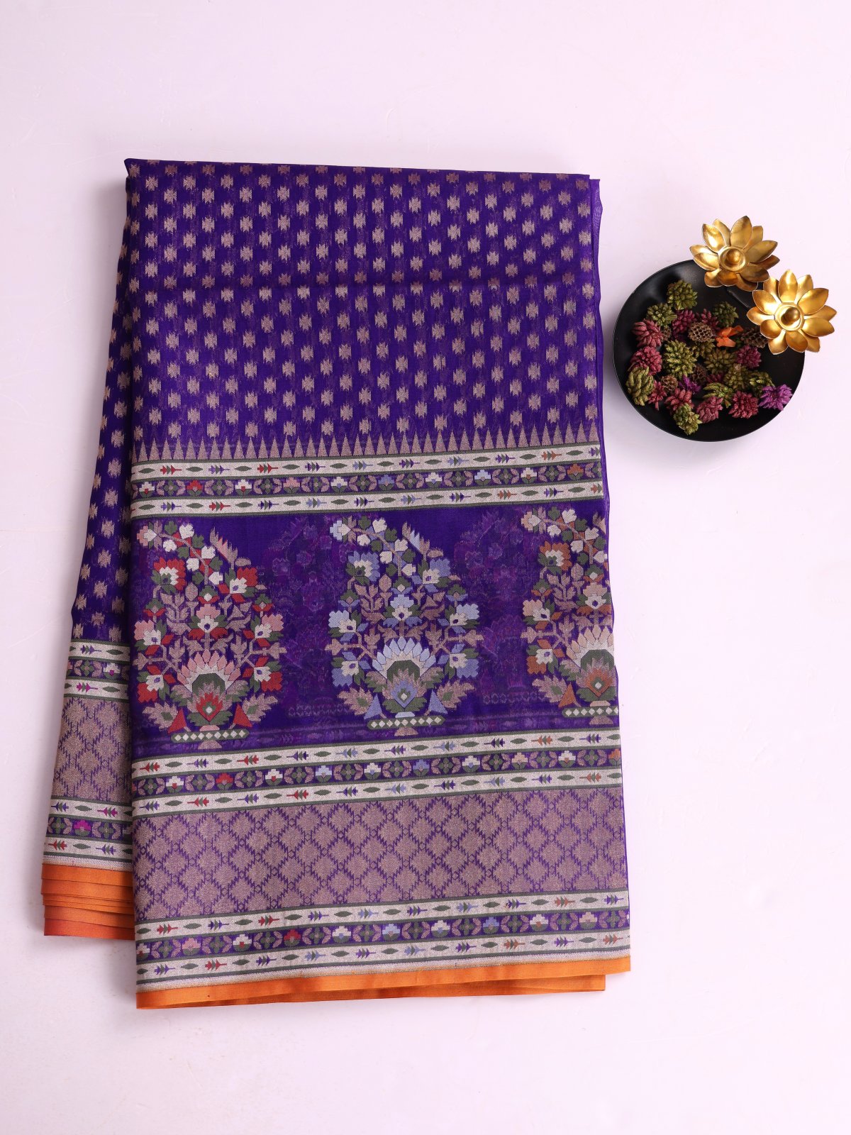 Violet Kora Banaras Silk Saree With Zari Border
