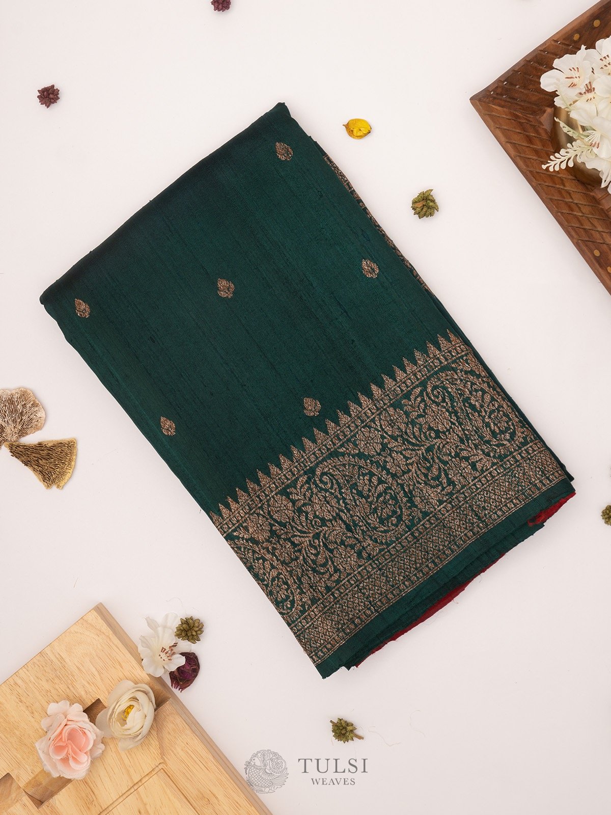 Bottle Green Banarasi Tussar Silk Saree