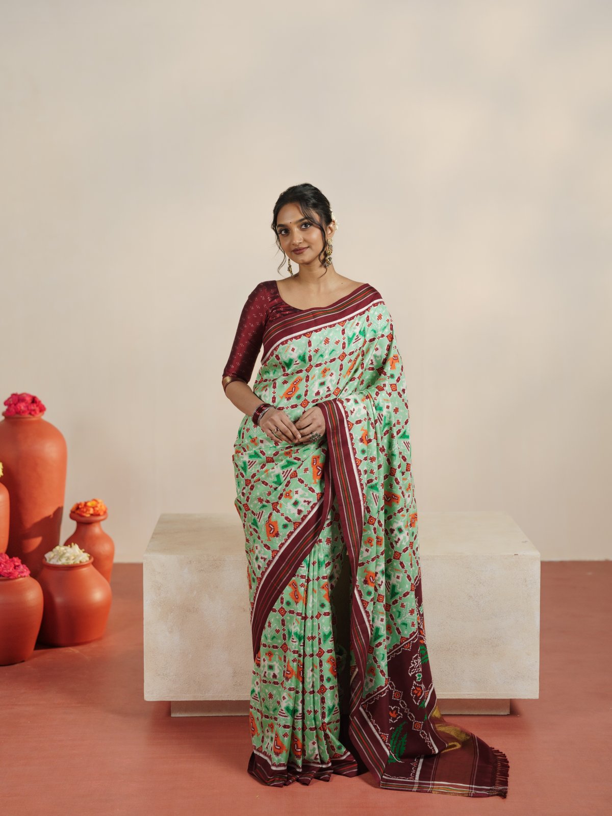Curated 10 - Light Rexona Green Patan Patola Silk Saree With Maroon Border