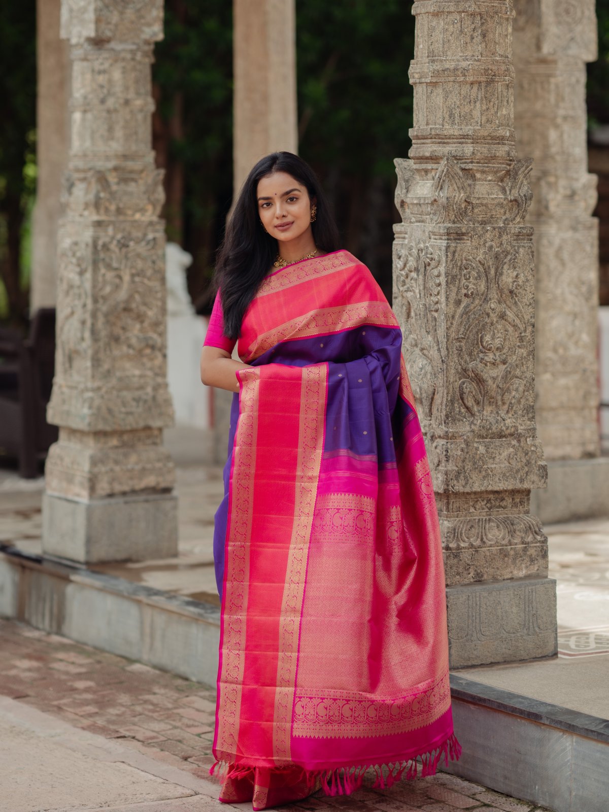 Purple Kanjeevaram Silk Saree With Pinkish Orange Border