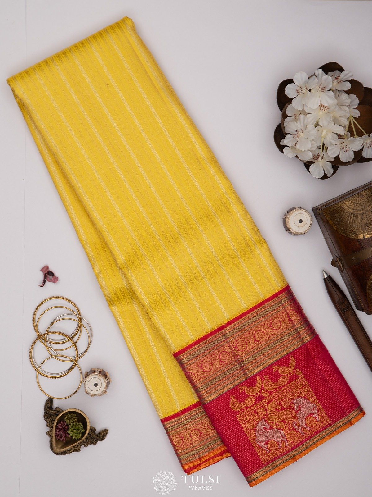 Lemon Yellow Kanjeevaram Silk Saree With Rani Pink Border