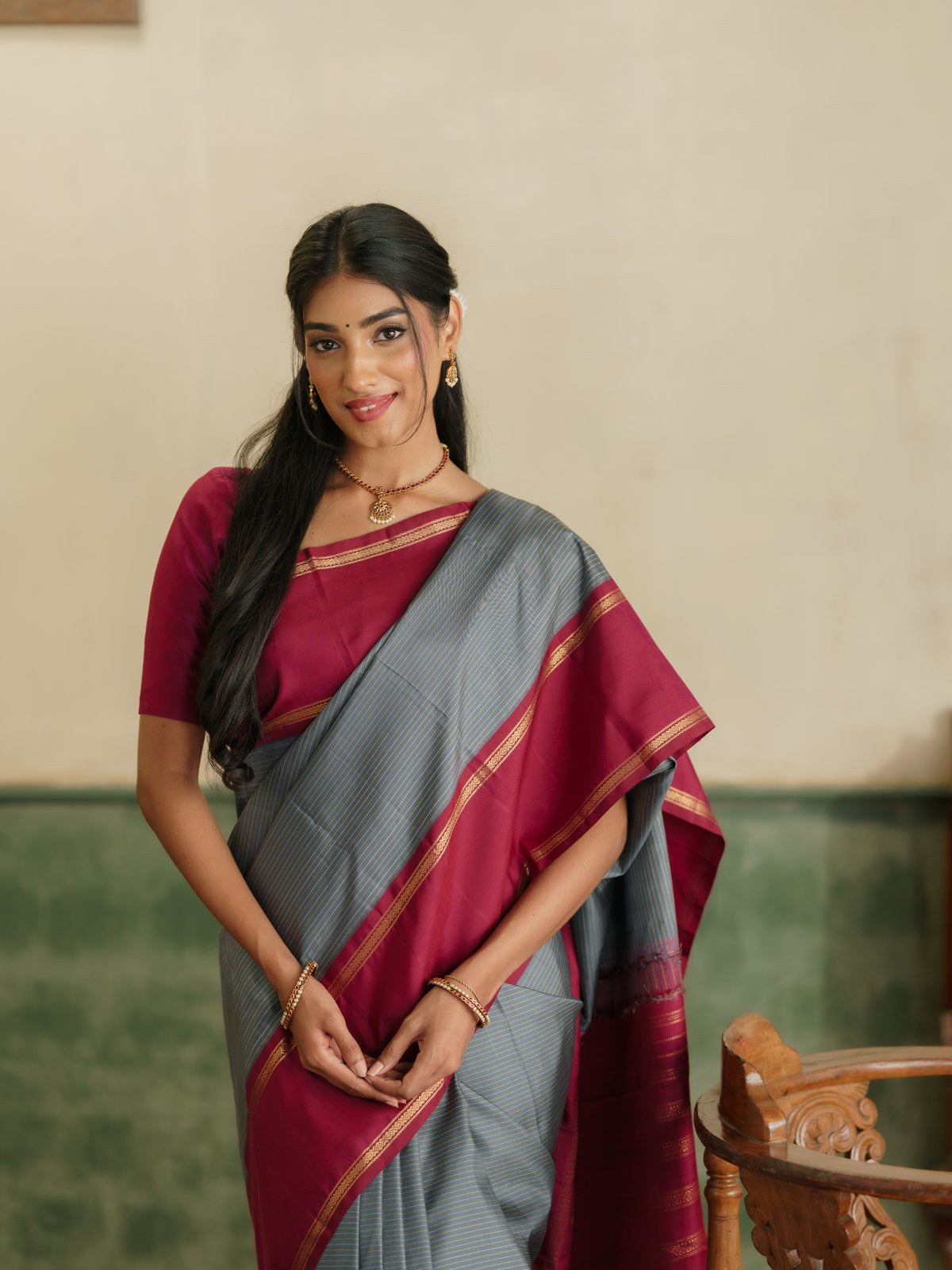 Vintage 114 - Grey Striped Kanjeevaram Silk Saree With Araku Border