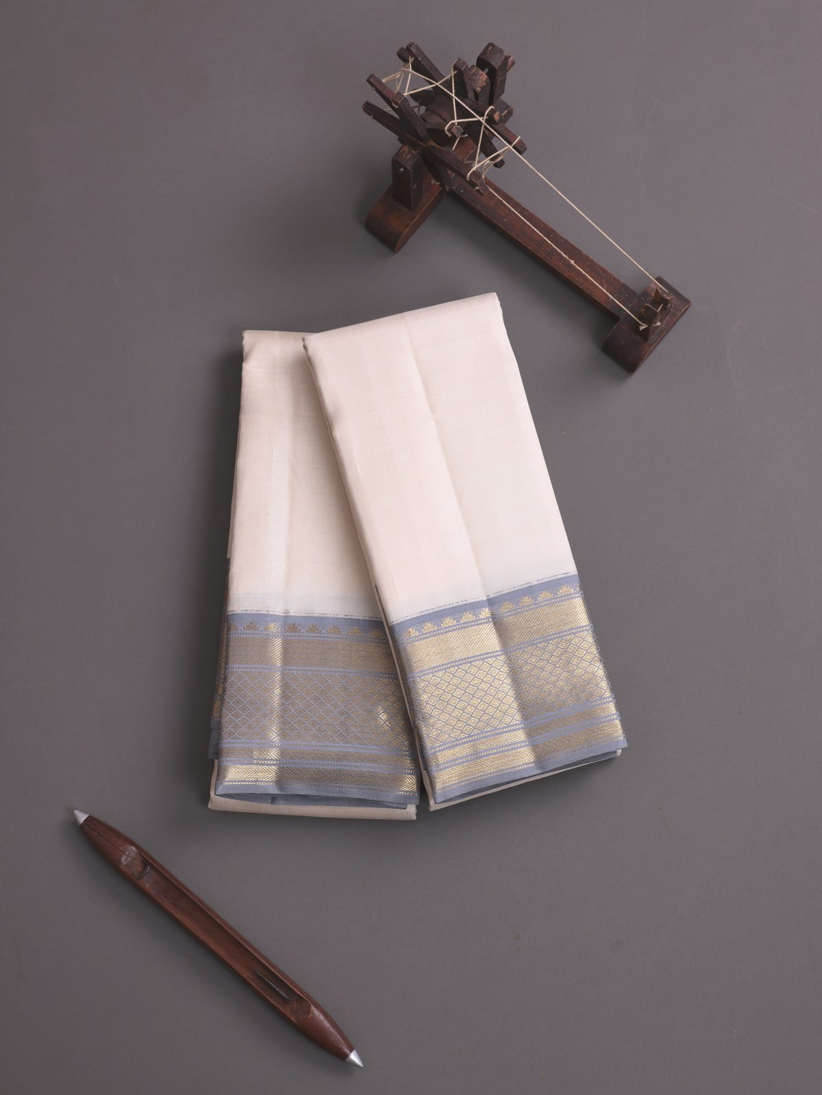 Off White Silk Dhoti And Vasthram With Light Bluish Grey Zari Border 