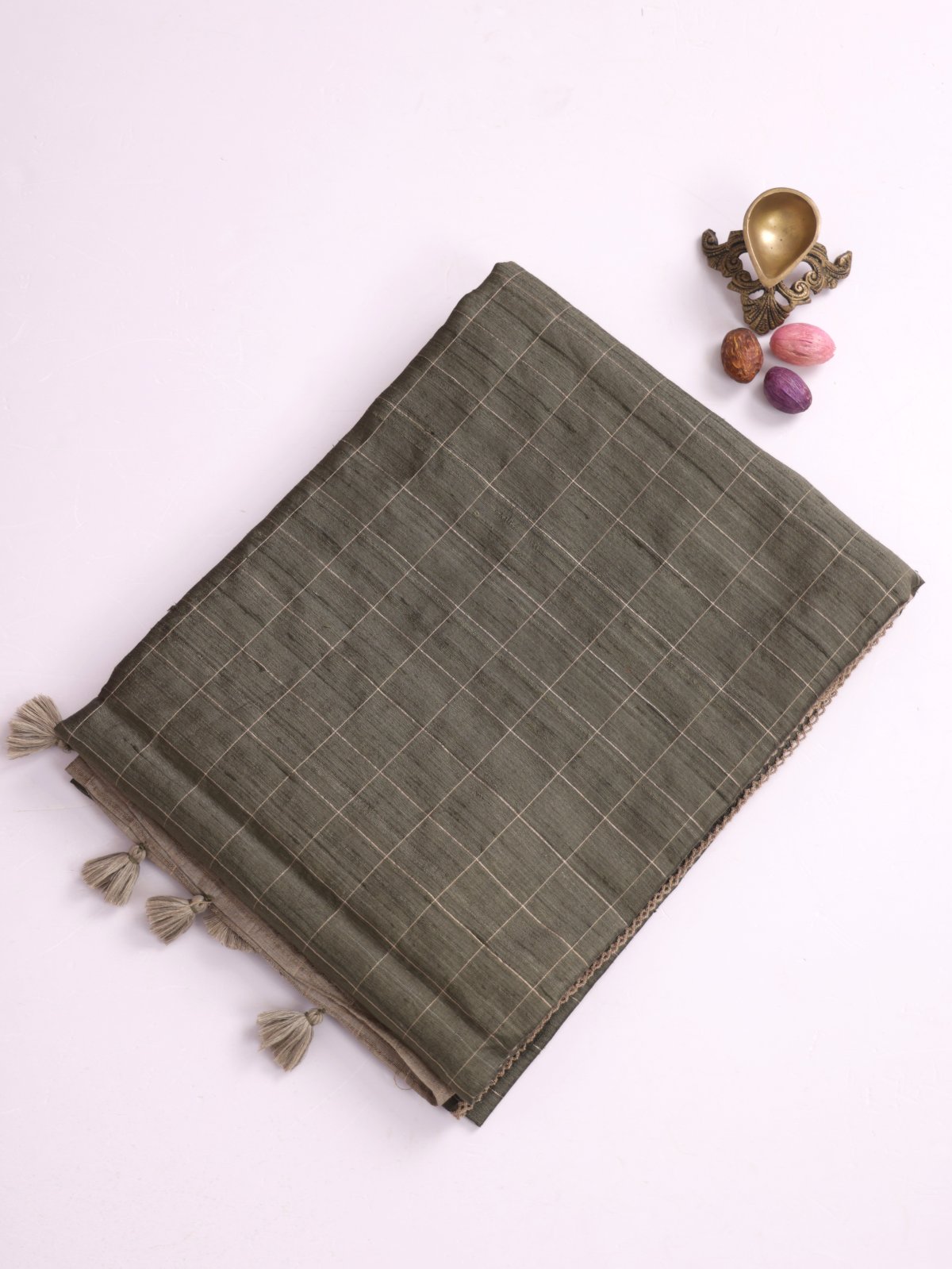 Greenish Grey Zari Checked Munga Raw Silk Saree With Embroidery 