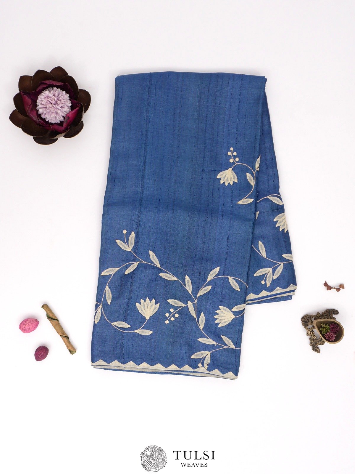 Blue Tussar Silk Saree with Applique Work