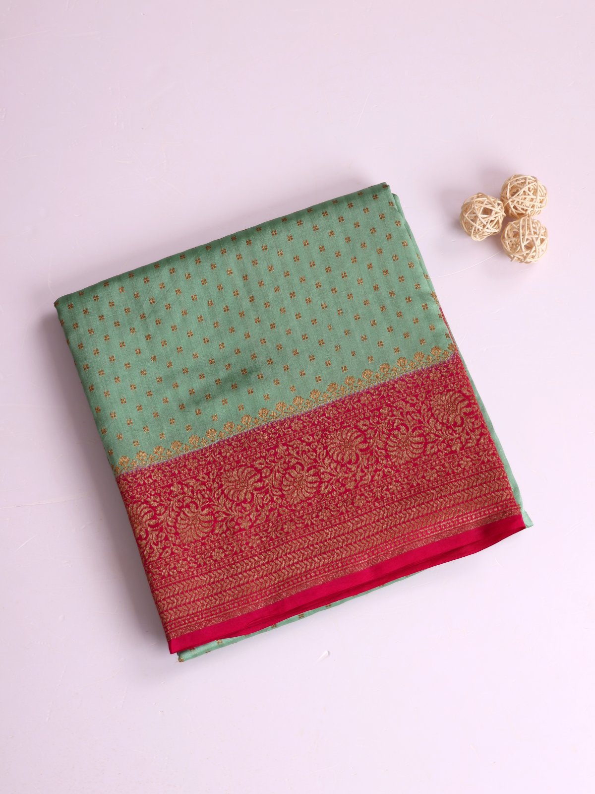 Bluish Green Chaniya Silk Saree With Pink Border