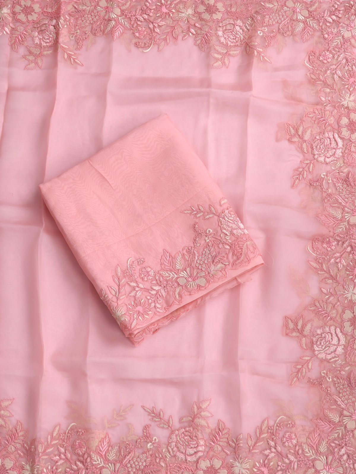 Peachy Pink Embroidered Organza Salwar Material