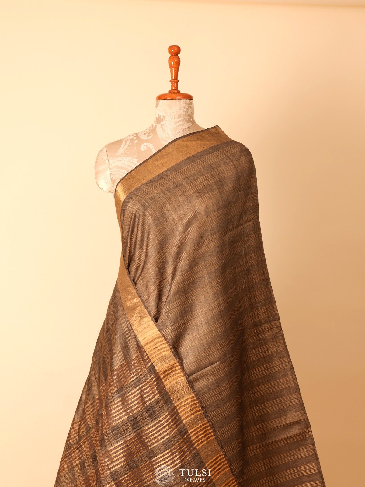 Dark Grey Tussar Silk Saree