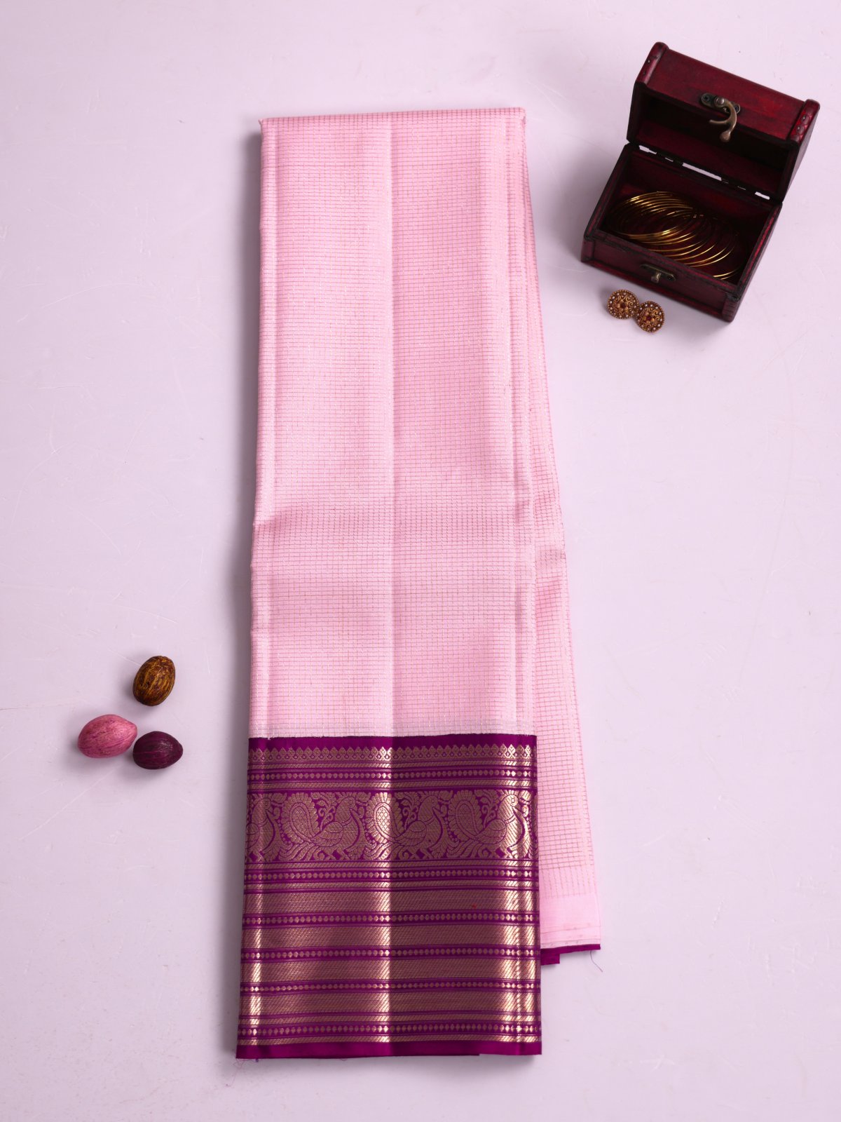 Baby Pink Zari Checked Kanjeevaram Silk Pavadai With Magenta Border