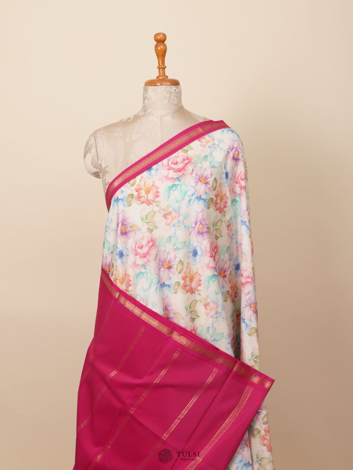 White Printed Kanjeevaram Silk Saree