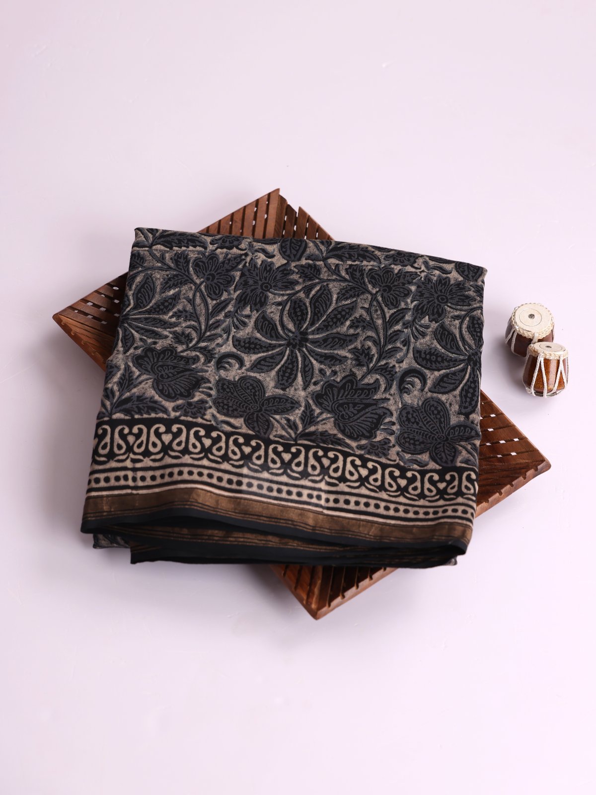 Greige Printed Chanderi Cotton Saree With Black Zari Border