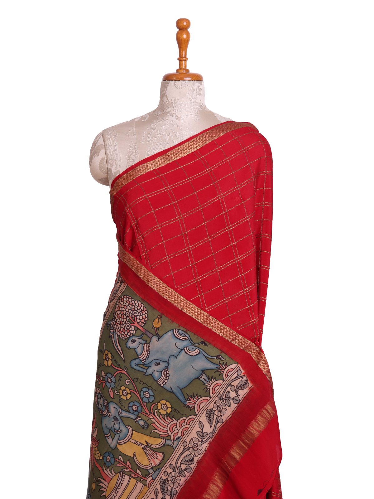Red Checked Mysore Crepe Silk Saree