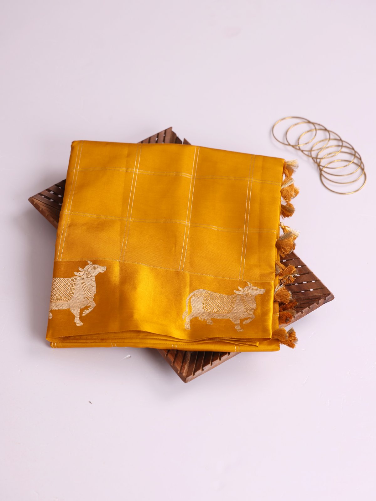 Mustard Yellow Zari Checked Mashru Silk Saree With Satin Border