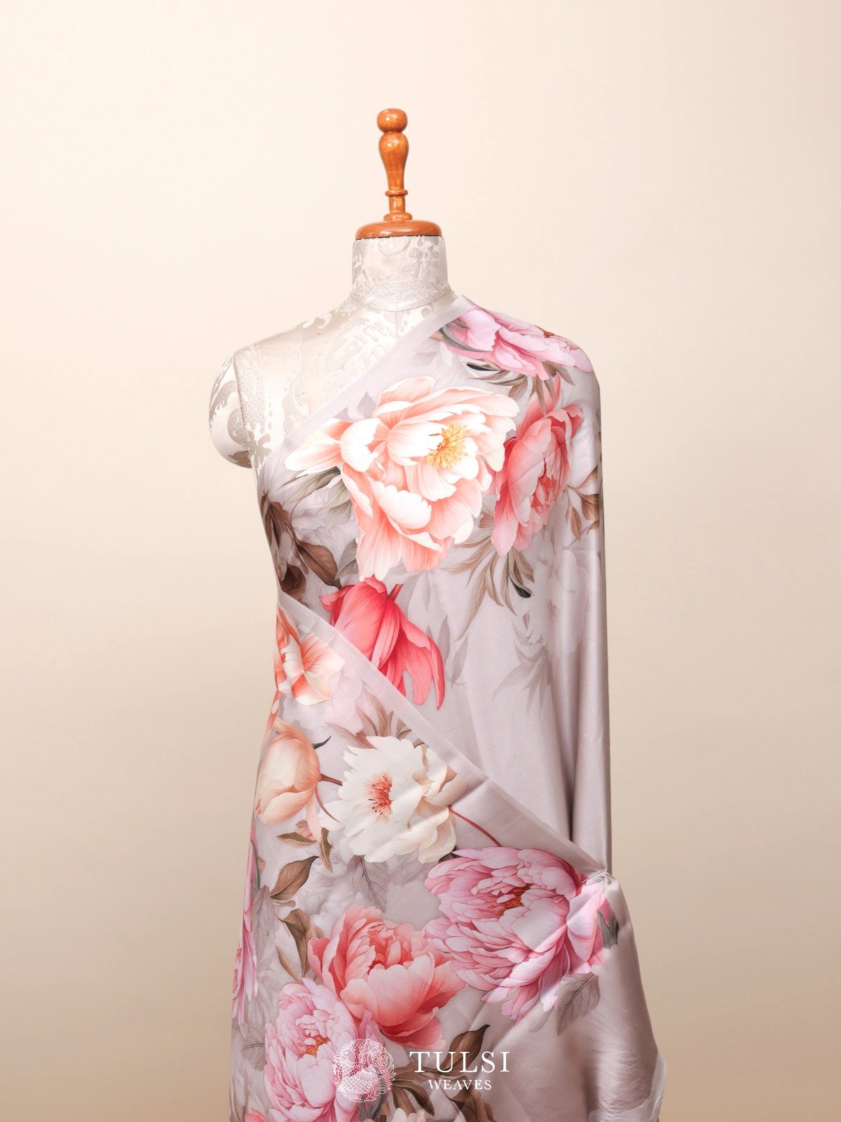 Light Grey Satin Crepe Silk Saree With Floral Prints