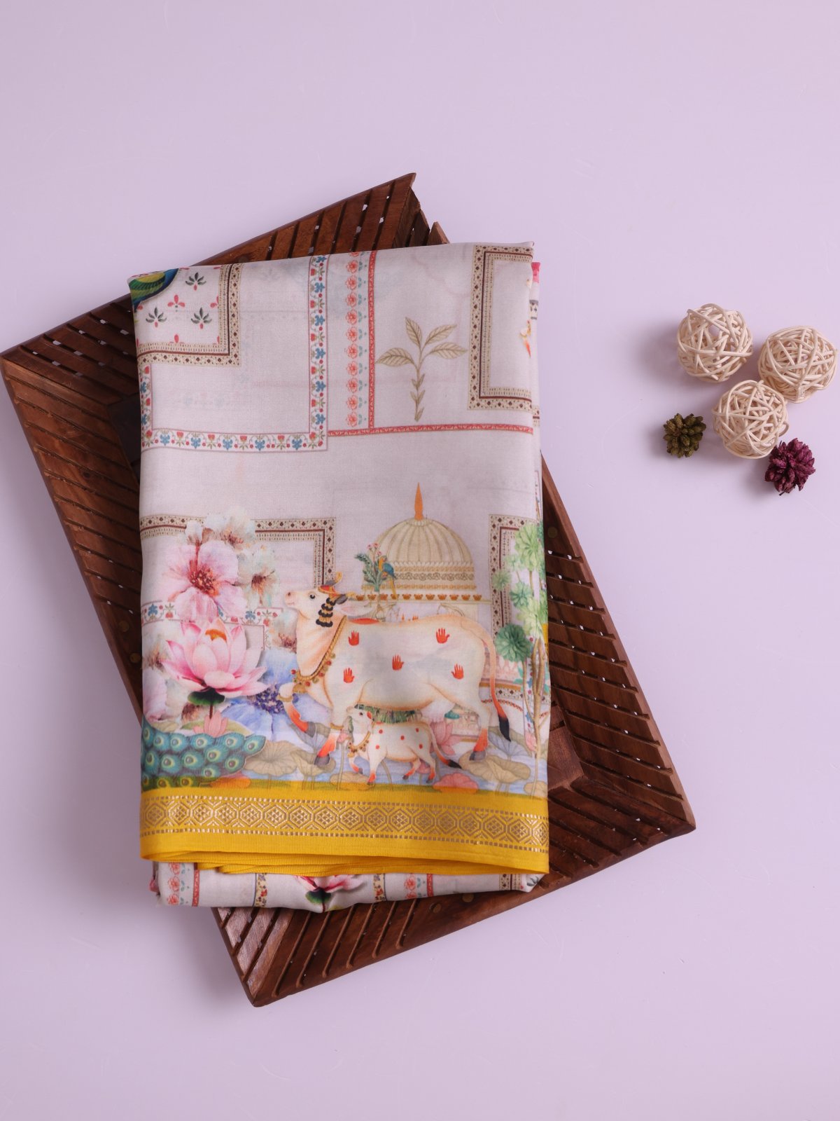 Ivory Printed Kanjeevaram Saree With Yellow Border