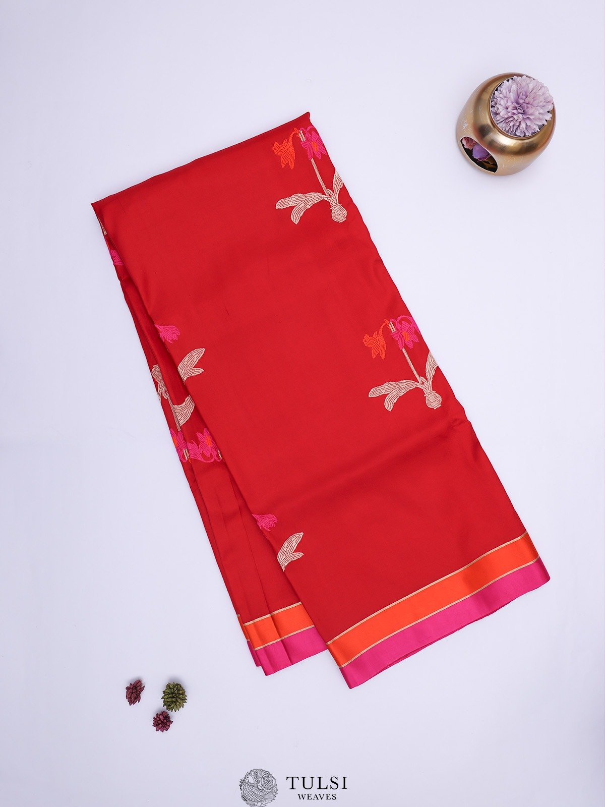 Red Mashru Silk Saree with Contrast Striped Border