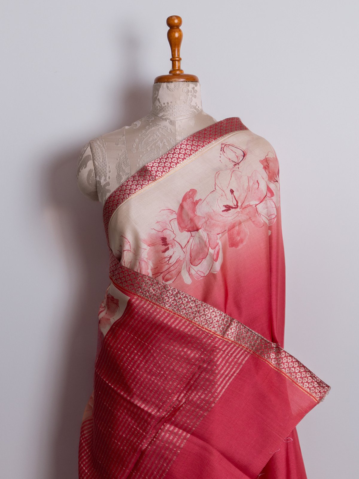 Pinkish Red Tussar Silk Saree Zari Border