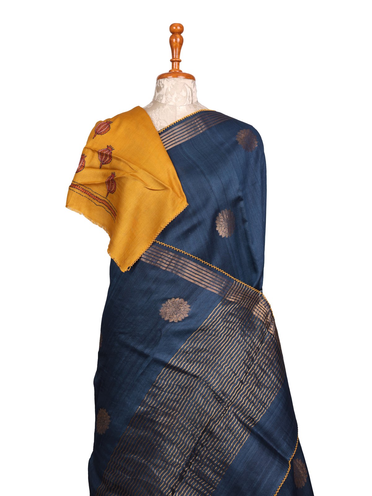 Peacock Blue Tussar Silk Saree With Kantha Embroidery