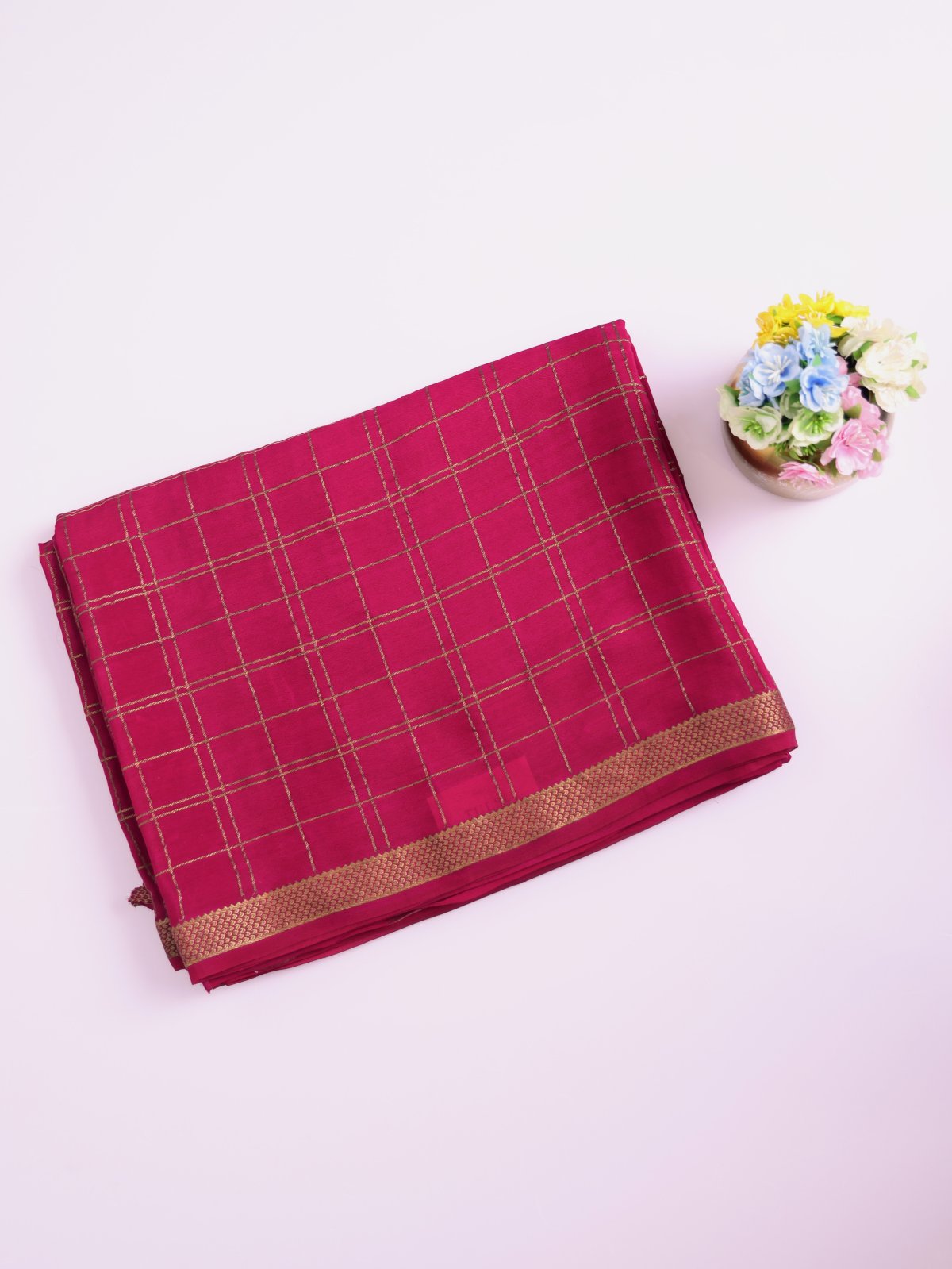 Rani Pink Checked Mysore Crepe Silk Saree