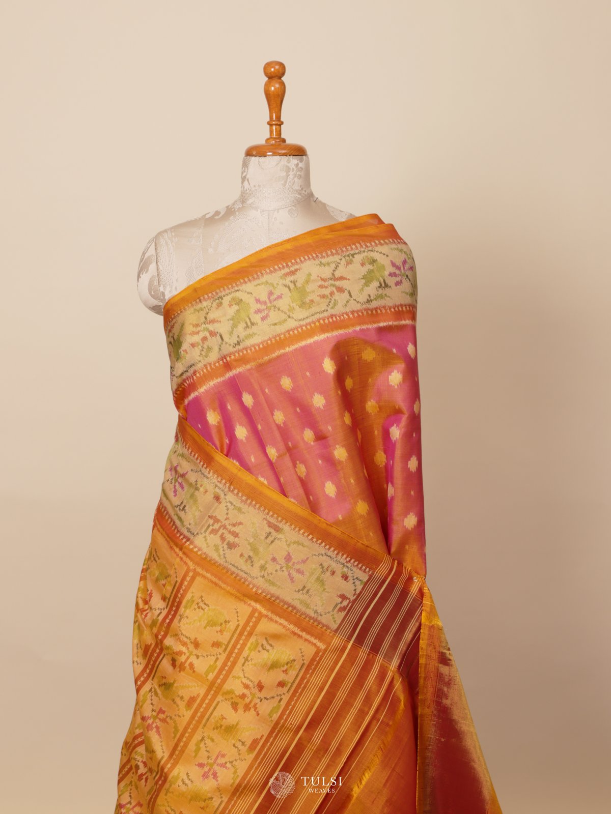 Pink Ikat Silk Saree With Yellow Border