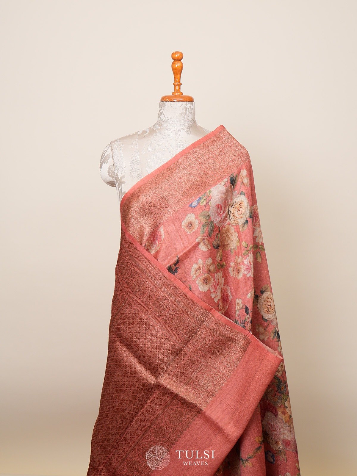 Peach Banarasi Tussar Silk Saree