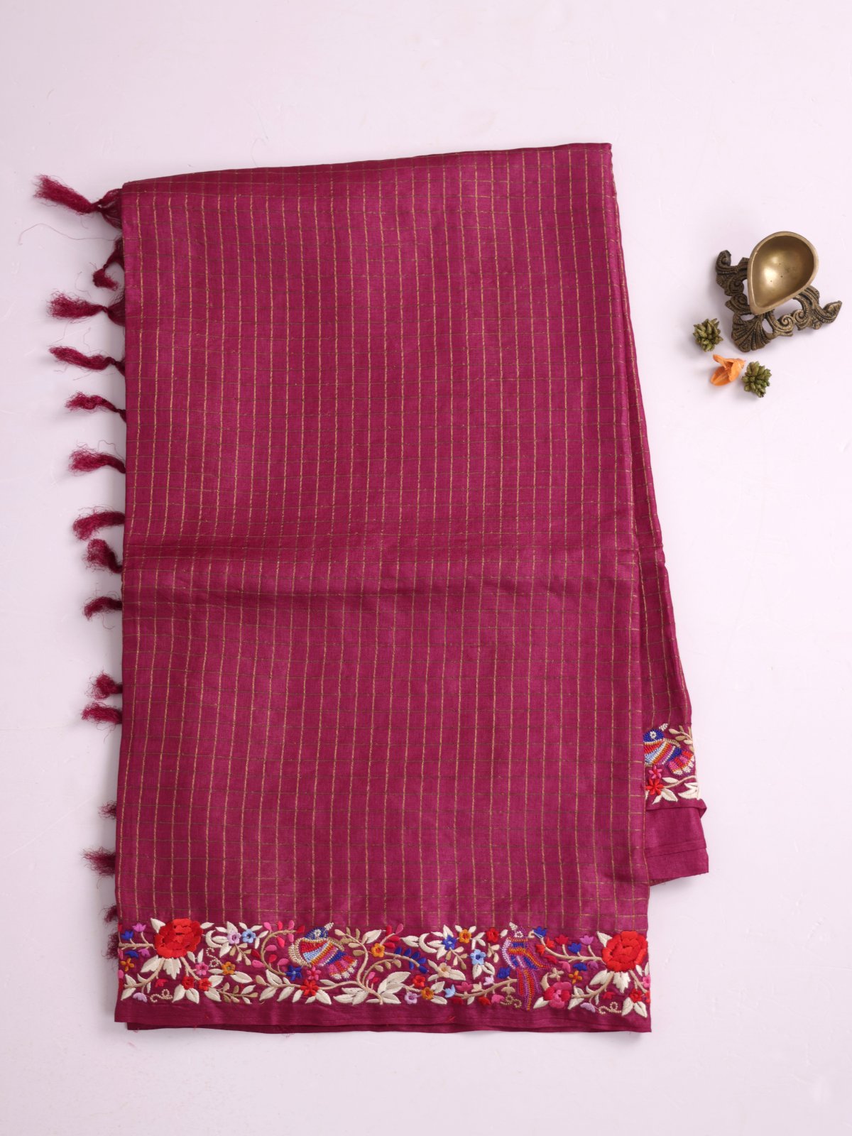 Dark Magenta Zari Checked Tussar Silk Saree With Parsi Embroidered Border