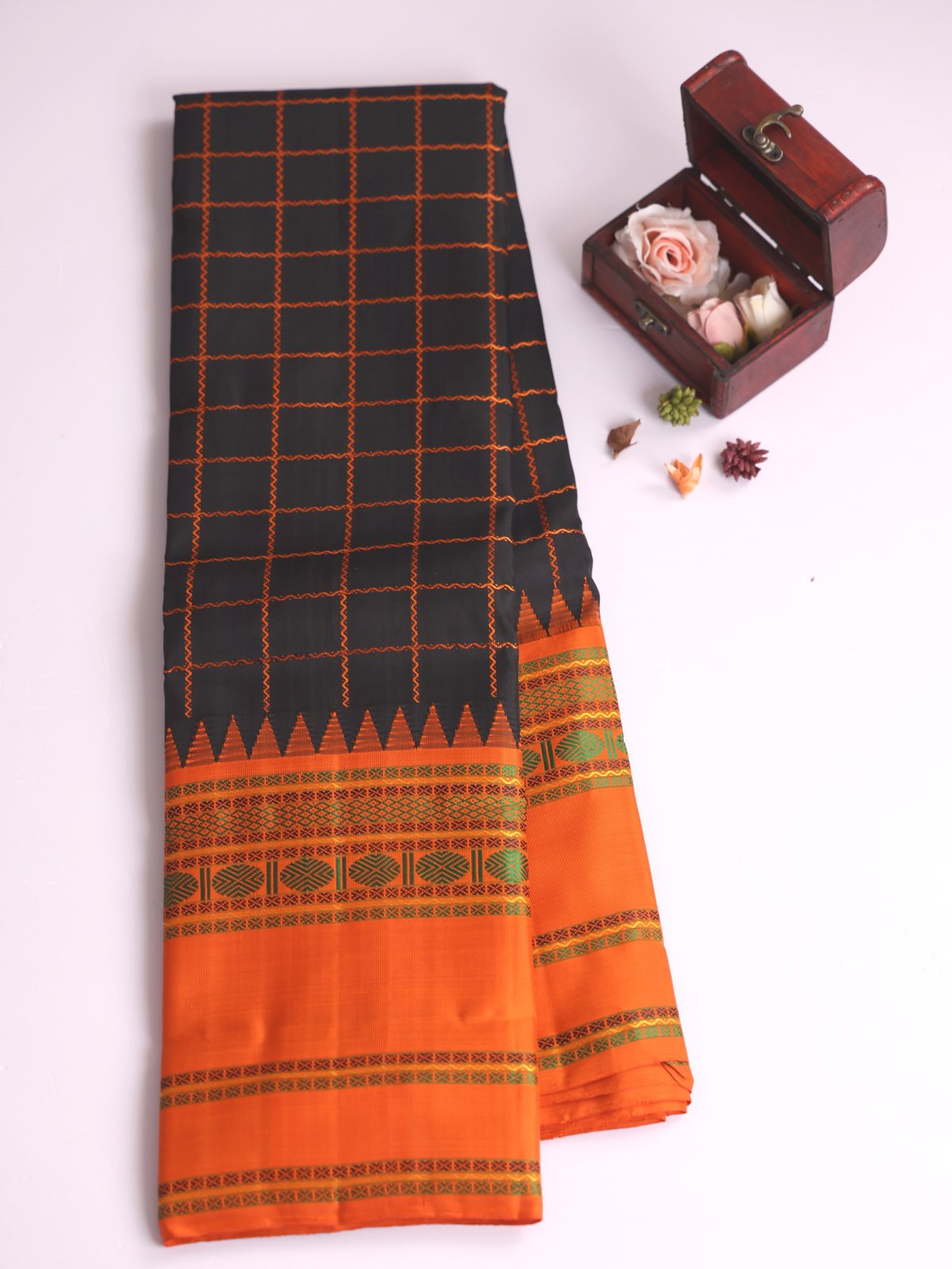 Black Veldhari Checked Kanjeevaram Pattu Pettu Silk Saree with Rust Orange Border