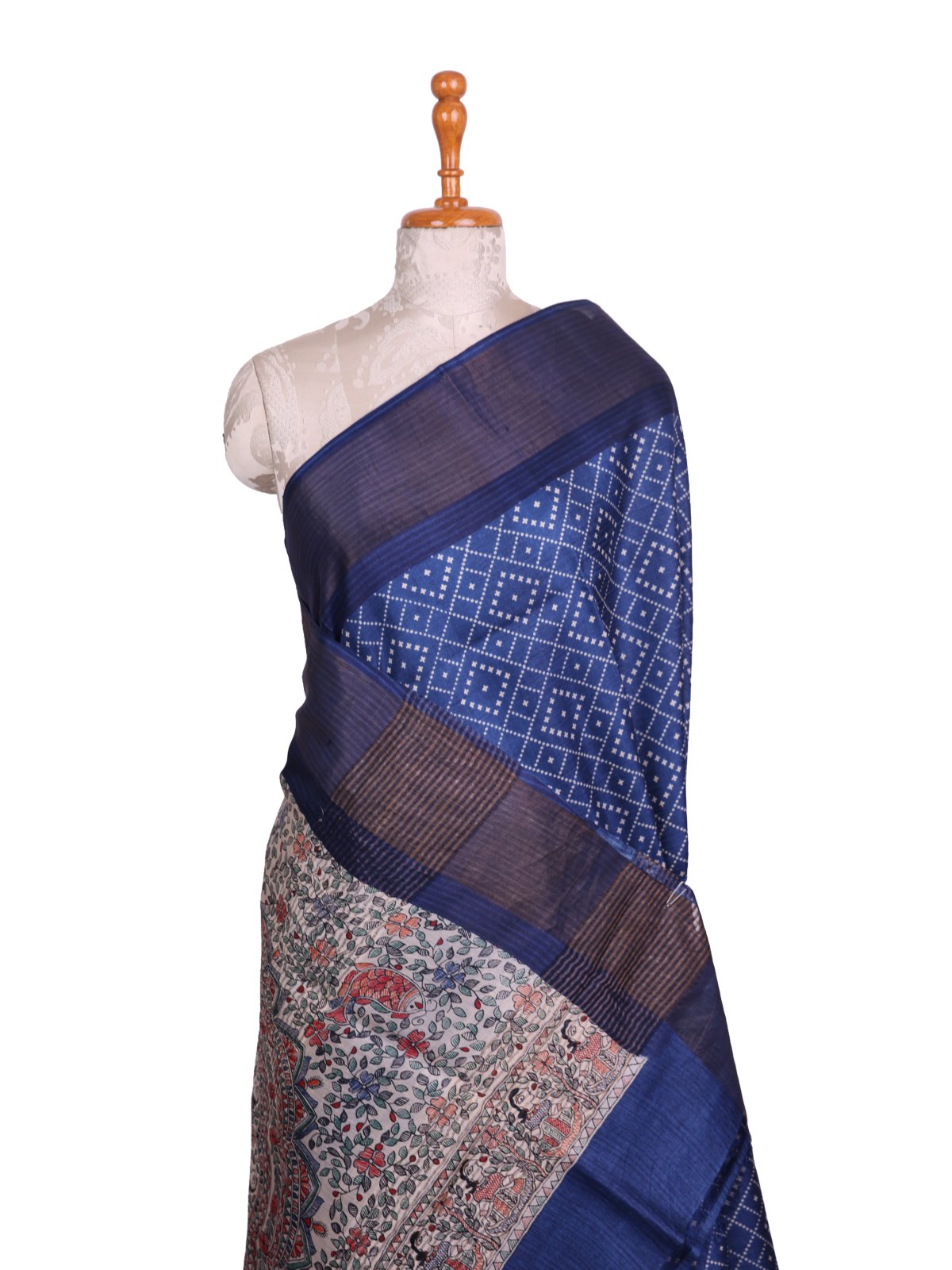 Blue Printed Tussar Silk Saree with Madhubani Print