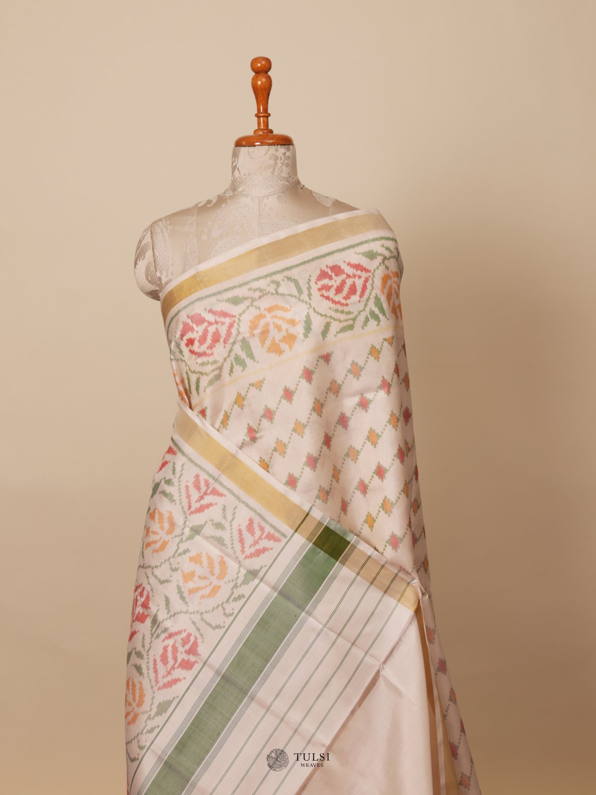 Off White Ikat Silk Saree With Golden Border