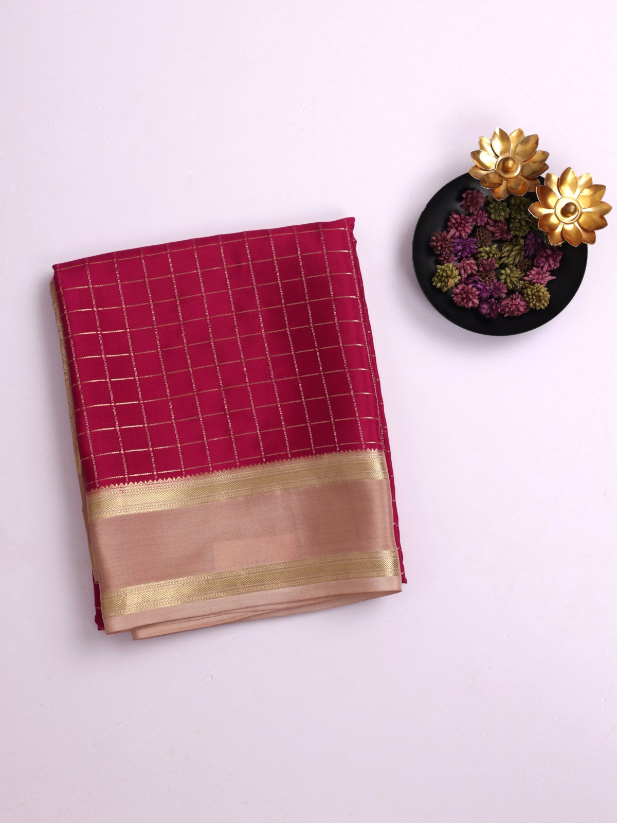 Rani Pink Zari Checked Mysore Silk Saree With Beige Border