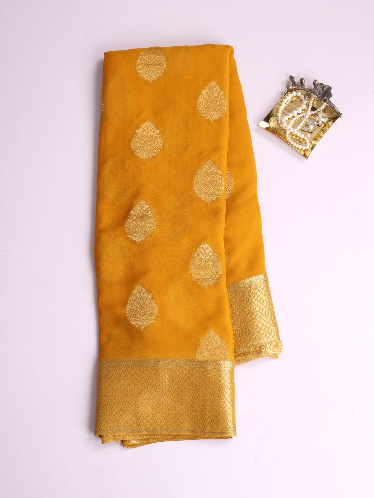 Mustard Yellow Mysore Crepe Silk Saree With Zari Border