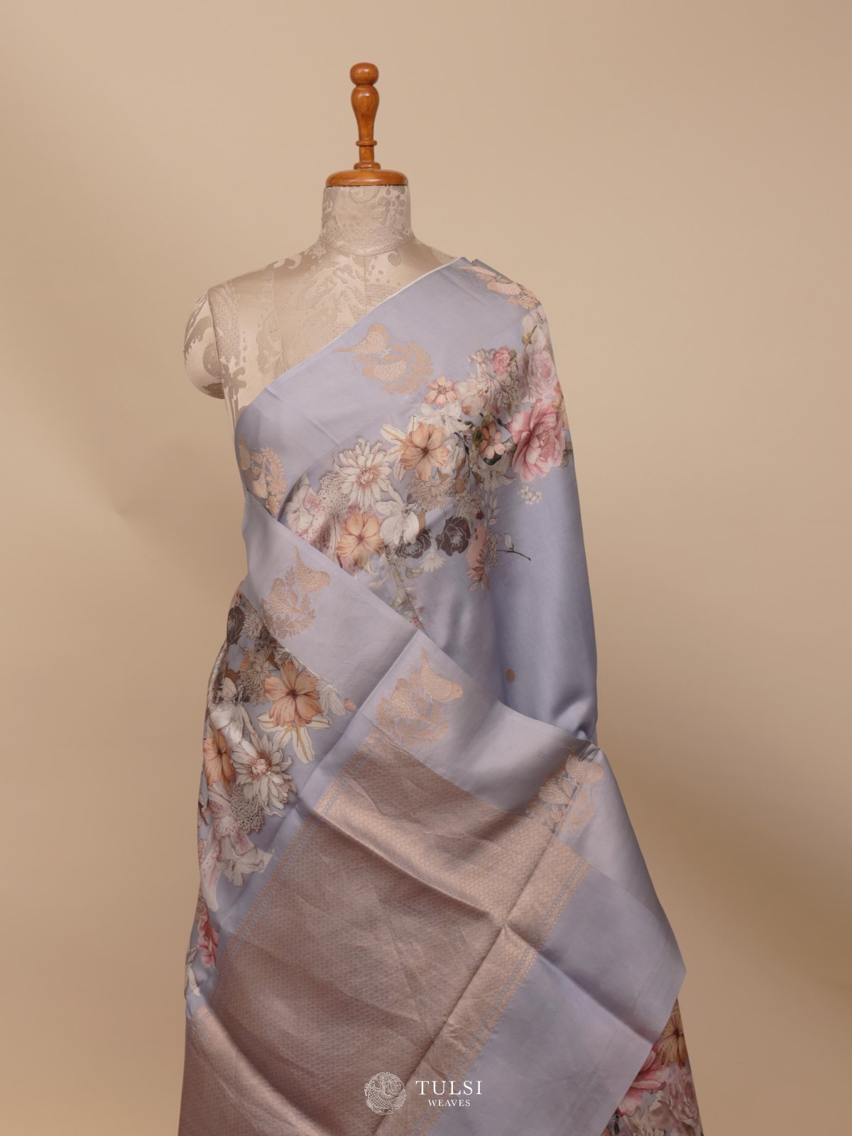 Pastel Blue Printed Mashru Silk Saree