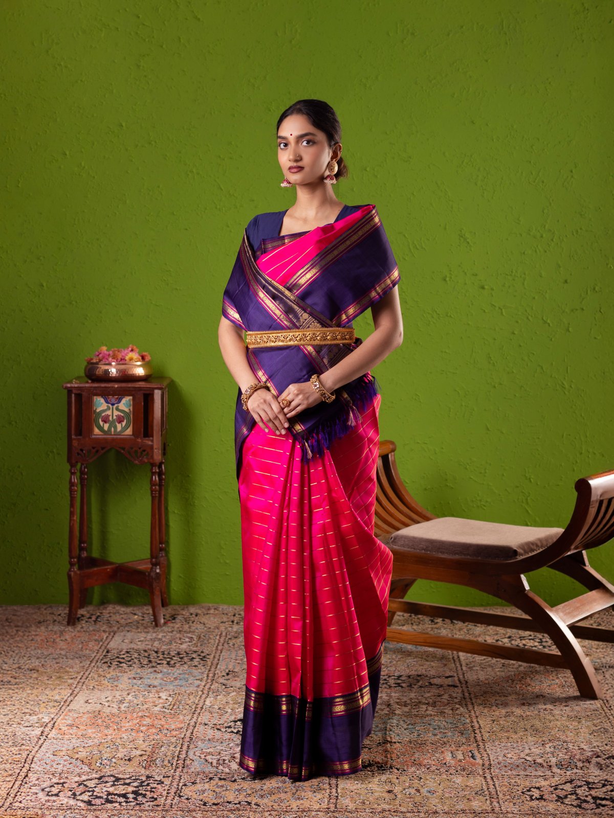 Hot Pink Kanjeevaram Silk Saree with Contrast Border