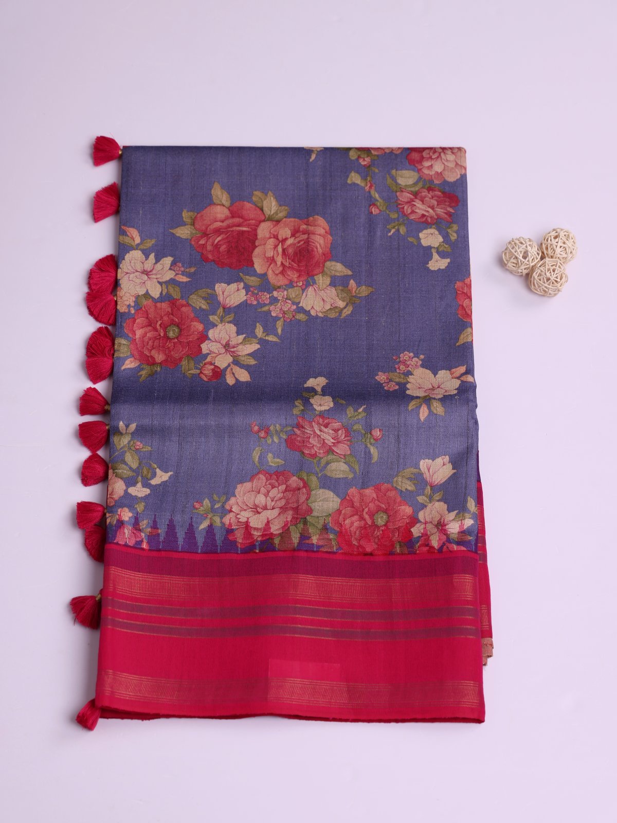 Bluish Purple Printed Tussar Silk Saree With Rani Pink Border