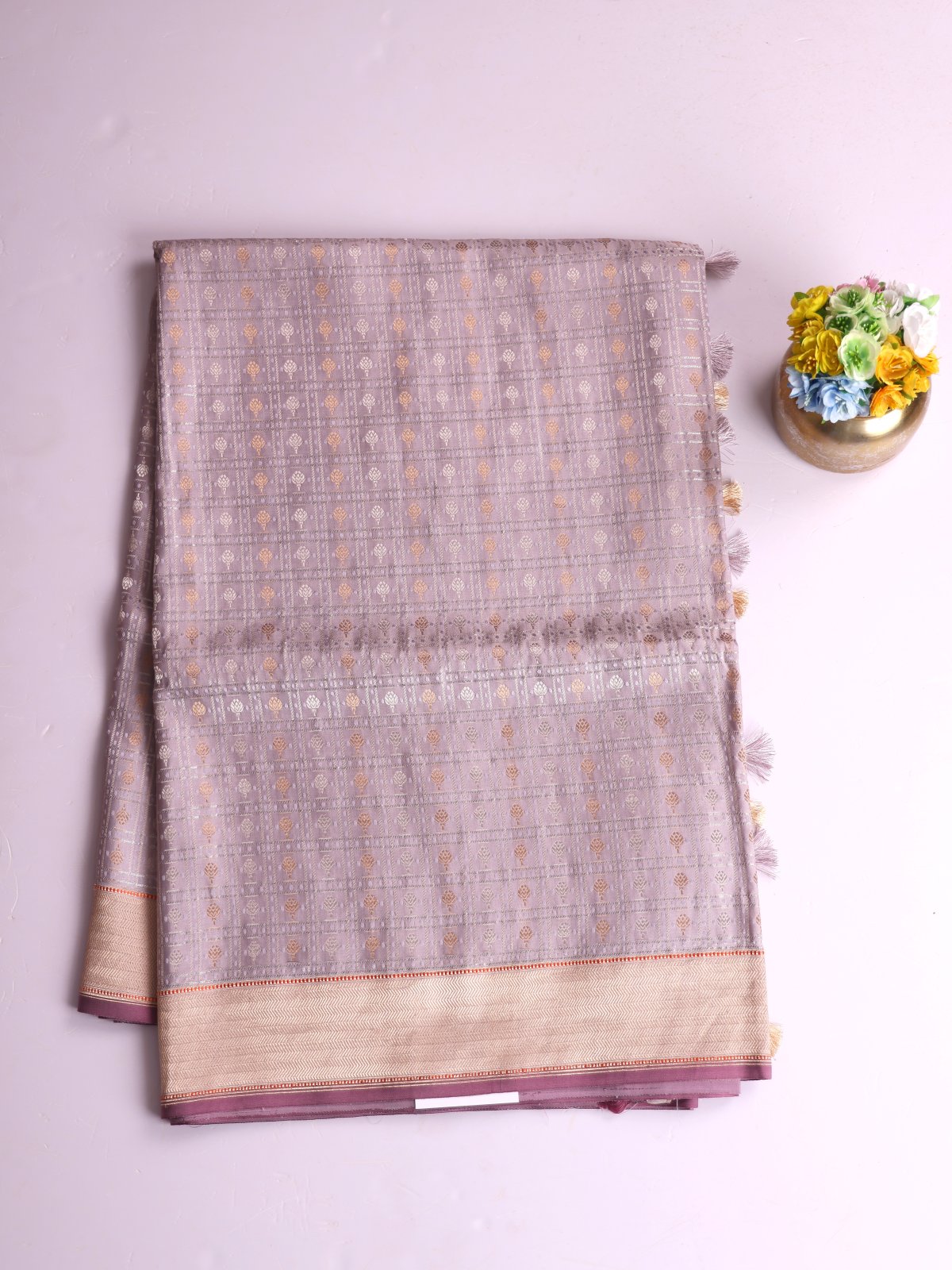 Lilac Zari Checked Mashru Silk Saree With Zari Border