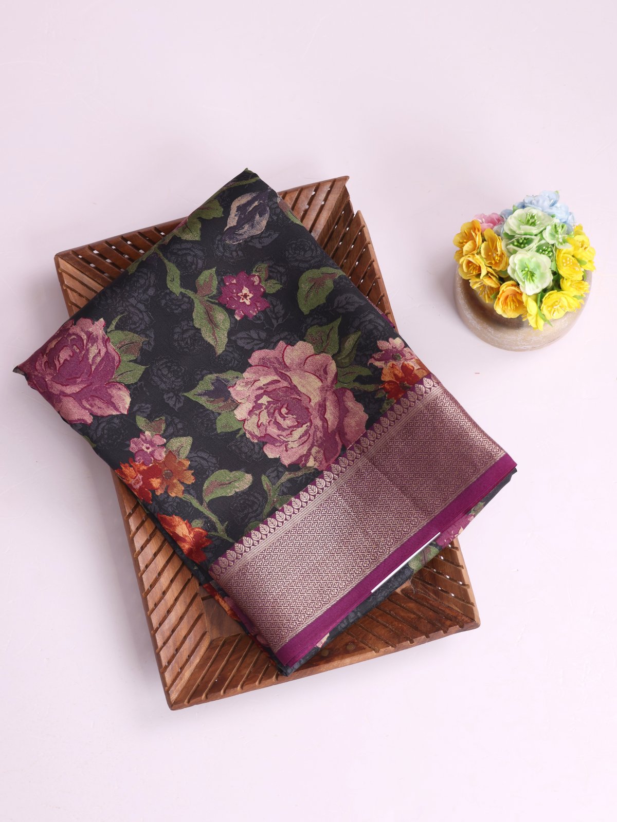 Black Printed Chaniya Silk Saree with Zari Border