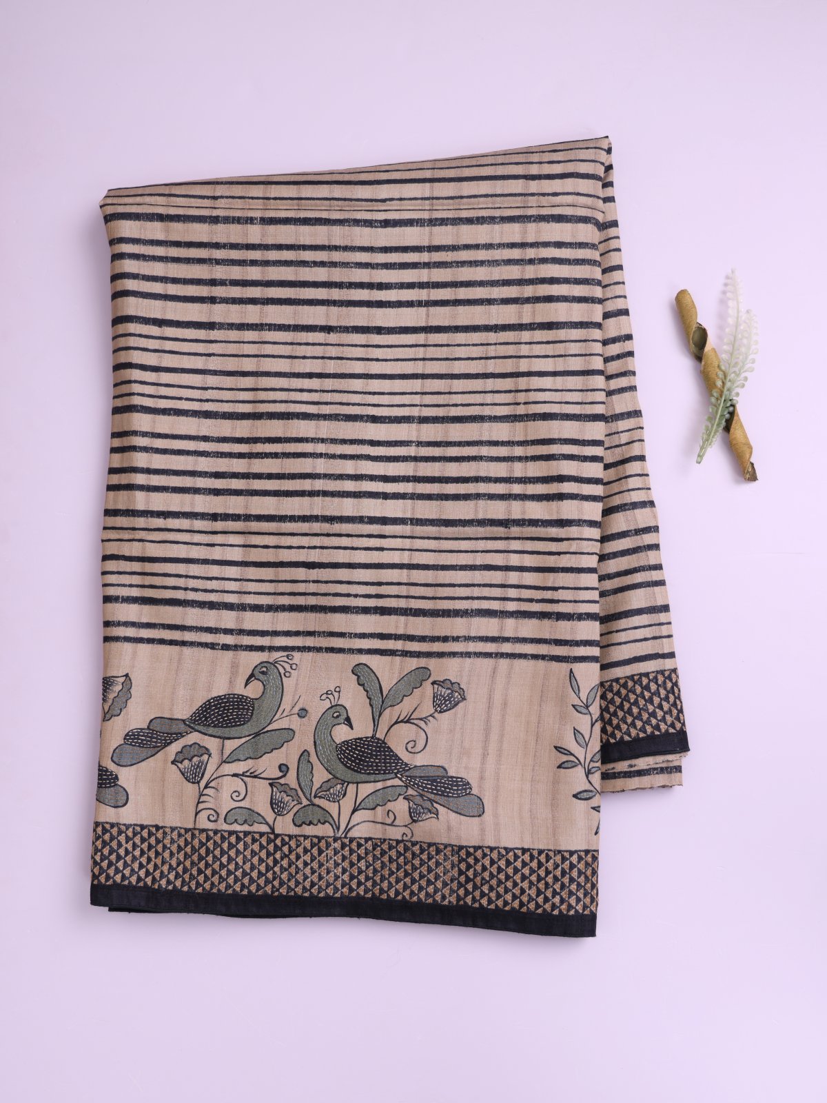 Beige Tussar Silk Saree with Kantha Embroidery