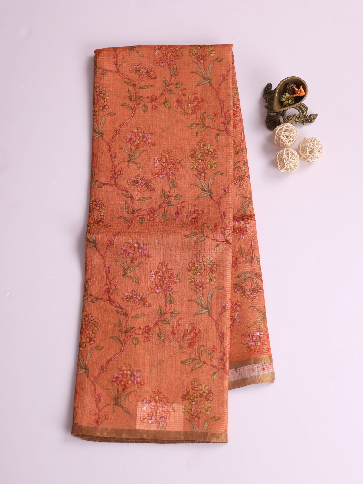 Orange Printed Tussar Silk Saree