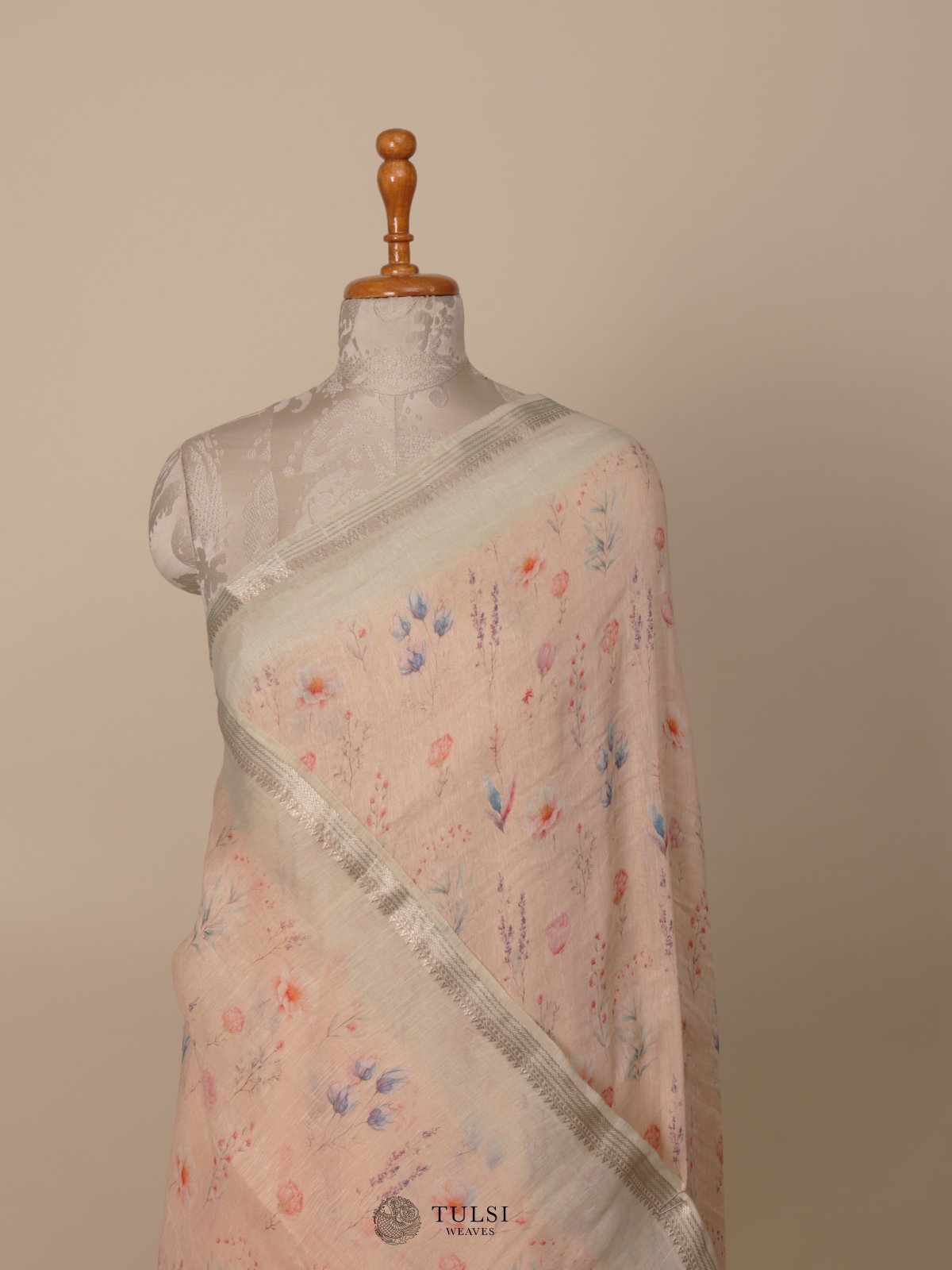 Light Peach Printed Linen Saree