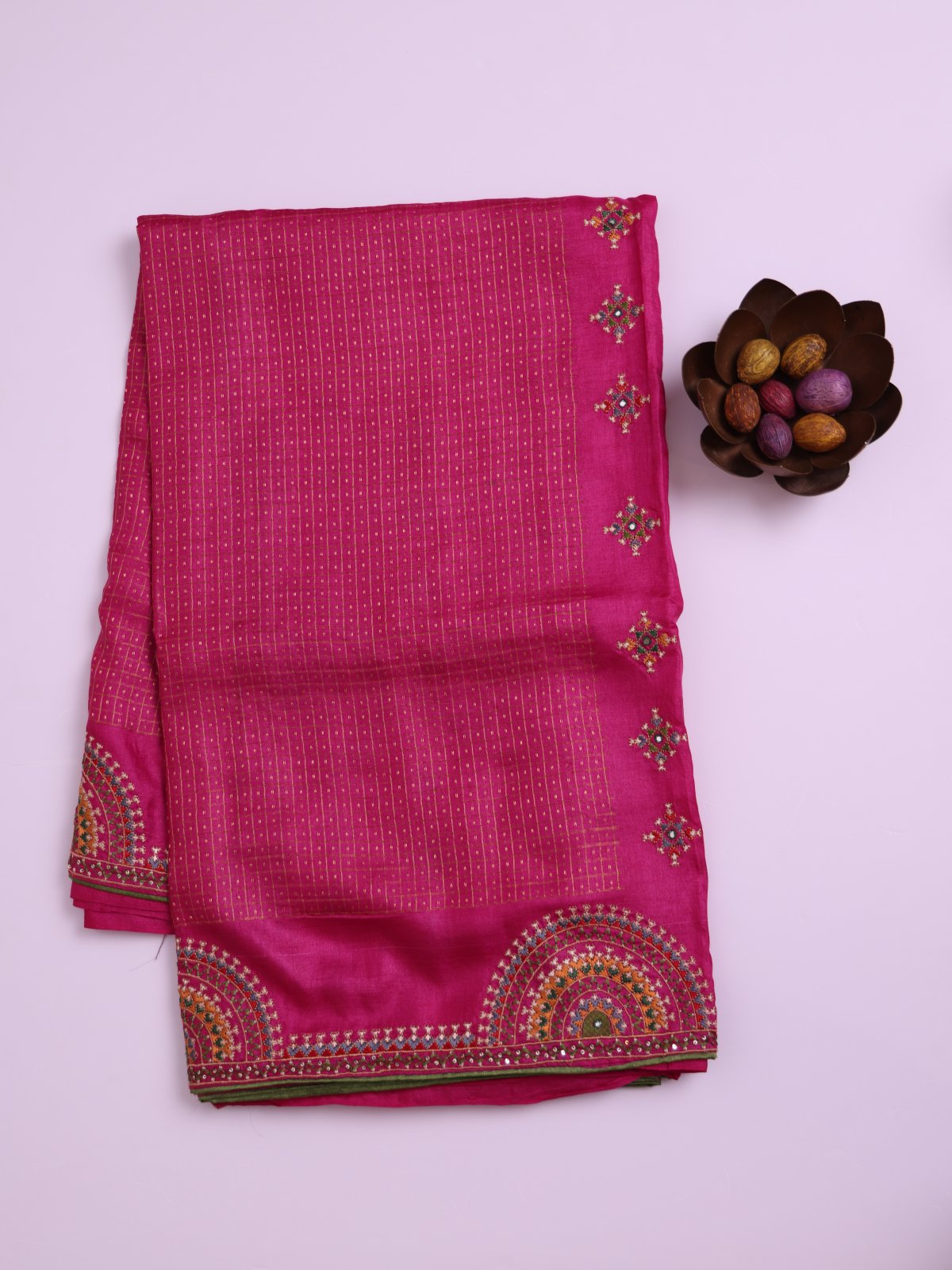 Dark Pink Zari Checked Tussar Silk Saree with Kutch Embroidery