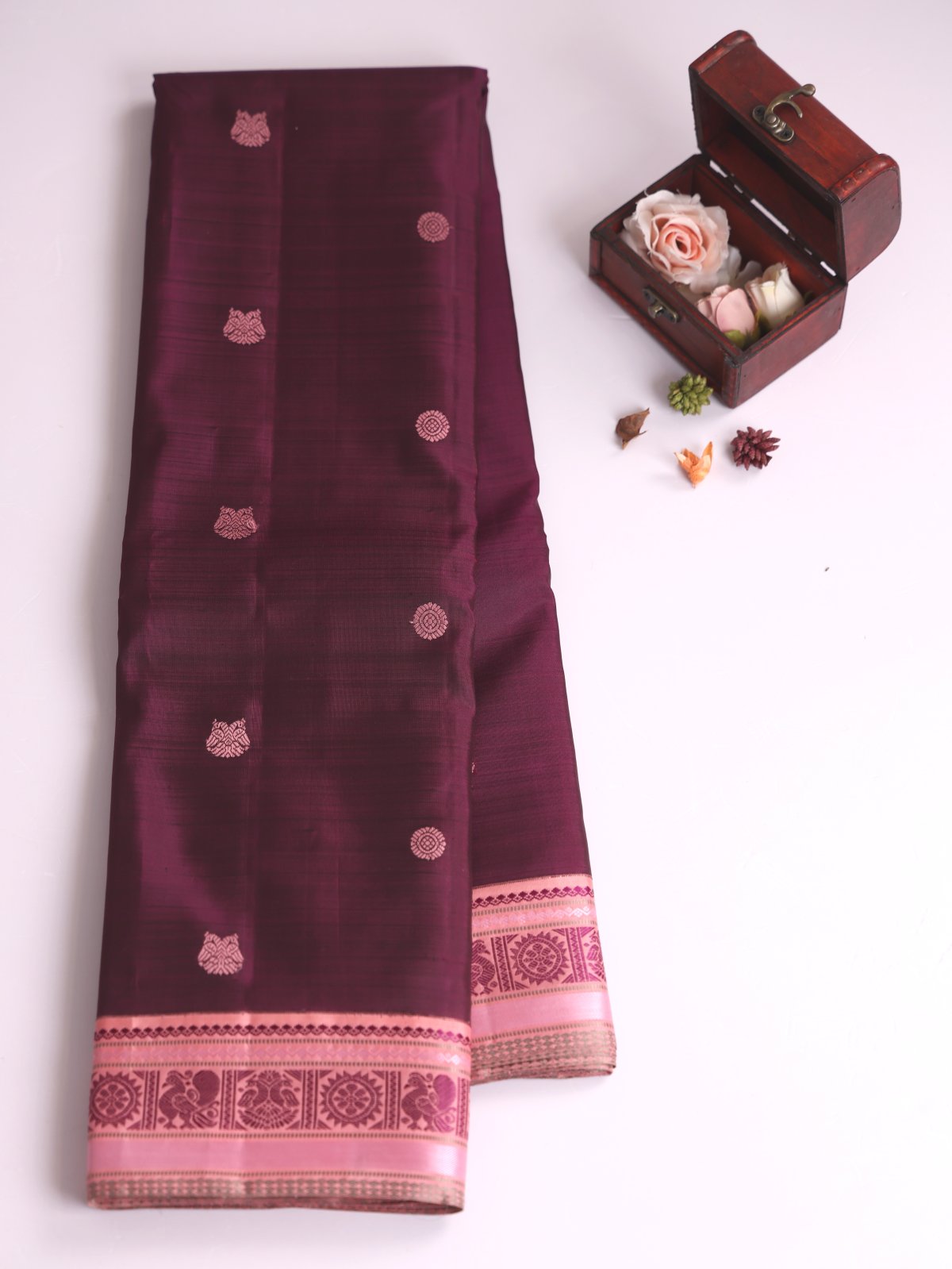 Dark Purple Kanjeevaram Pattu Pettu Silk Saree with Peachy Pink Border