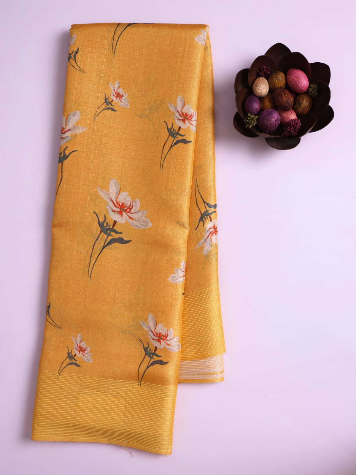 Mustard Yellow Printed Tussar Silk Saree