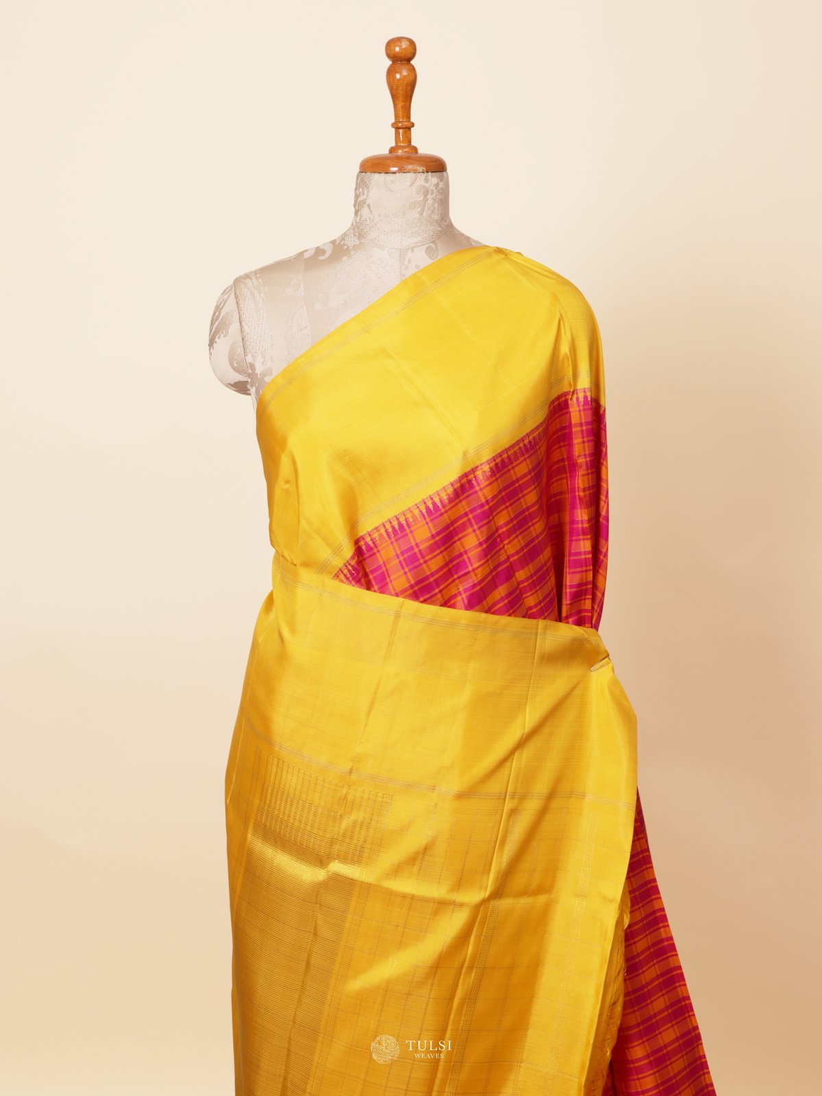 Multi Color Checked Kanjeevaram Silk Saree with Yellow Border