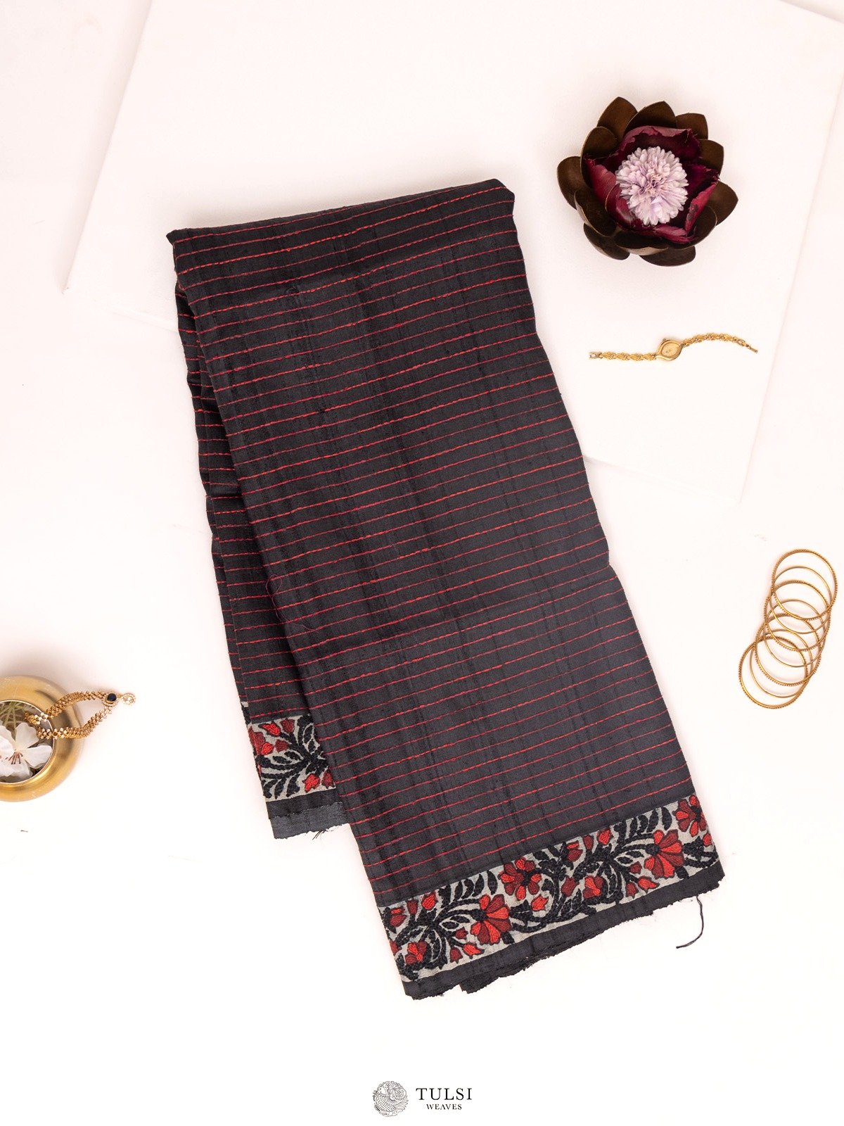 Black Tussar Silk Saree with Kantha Embroidery