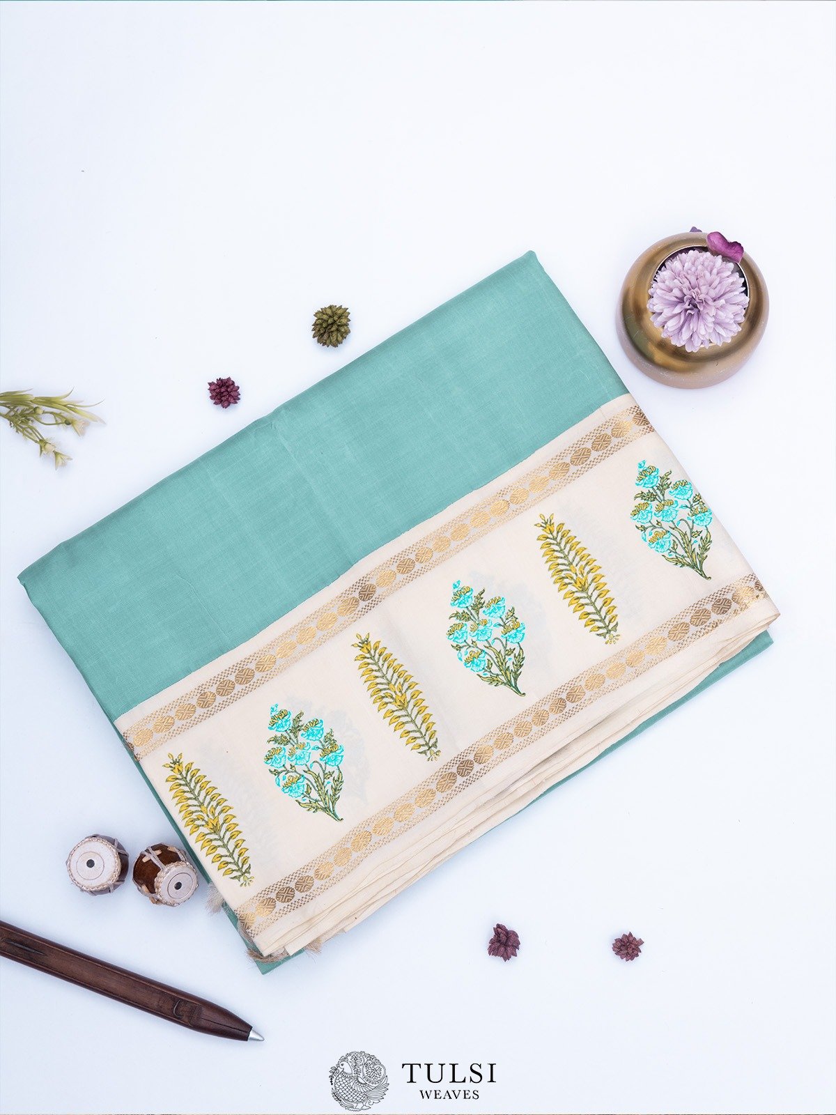 Light Blue Blockprint Kanjeevaram Silk Saree With Off-white Border