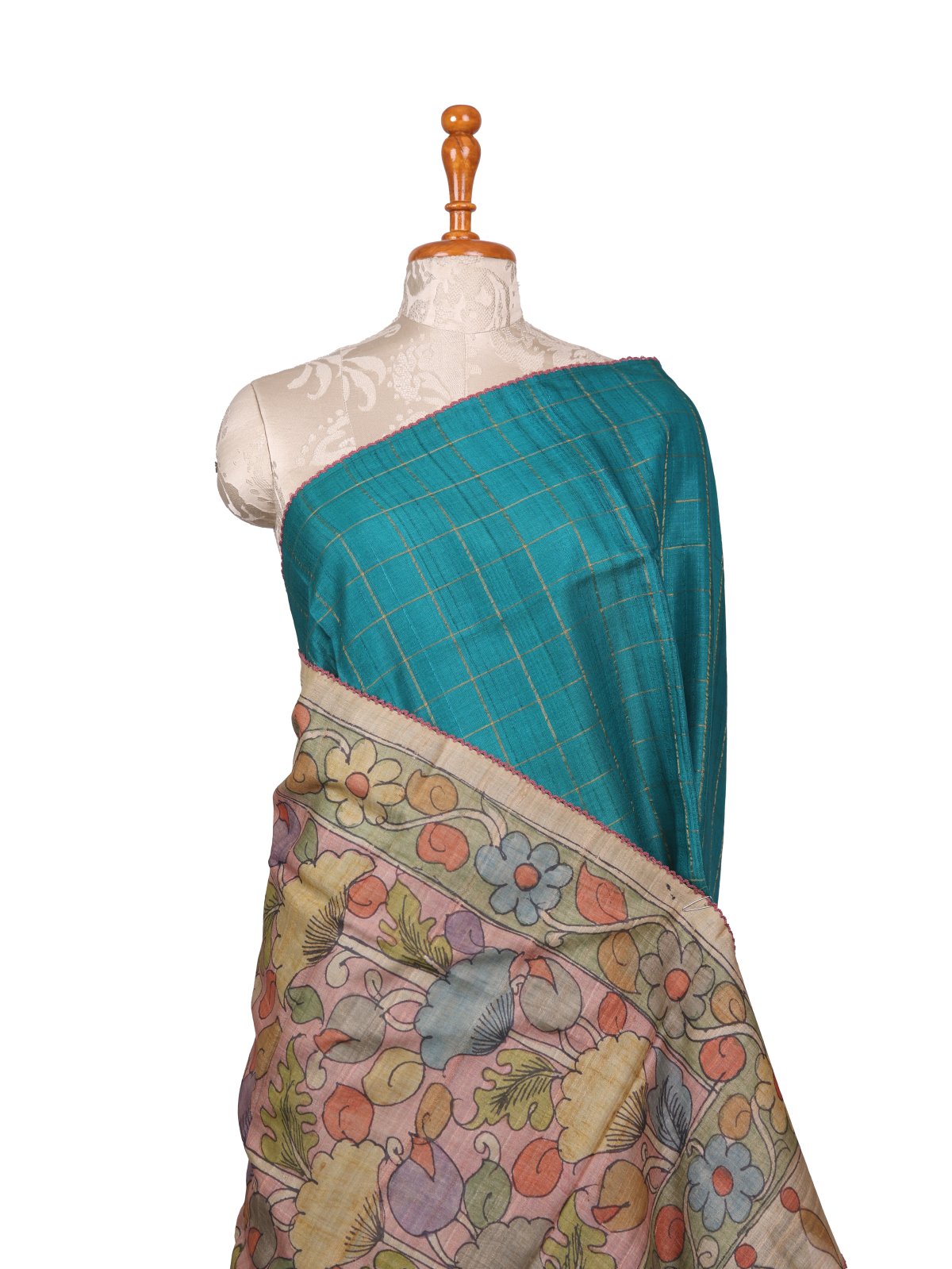 Teal Blue Zari Checked Tussar Silk Saree With Kalamkari Blouse