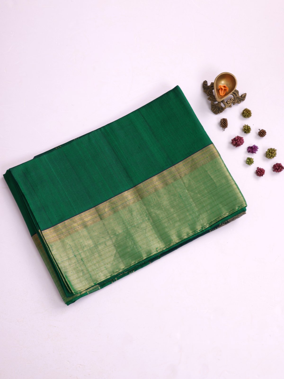 Emerald Green Raw Silk Saree with Zari Border