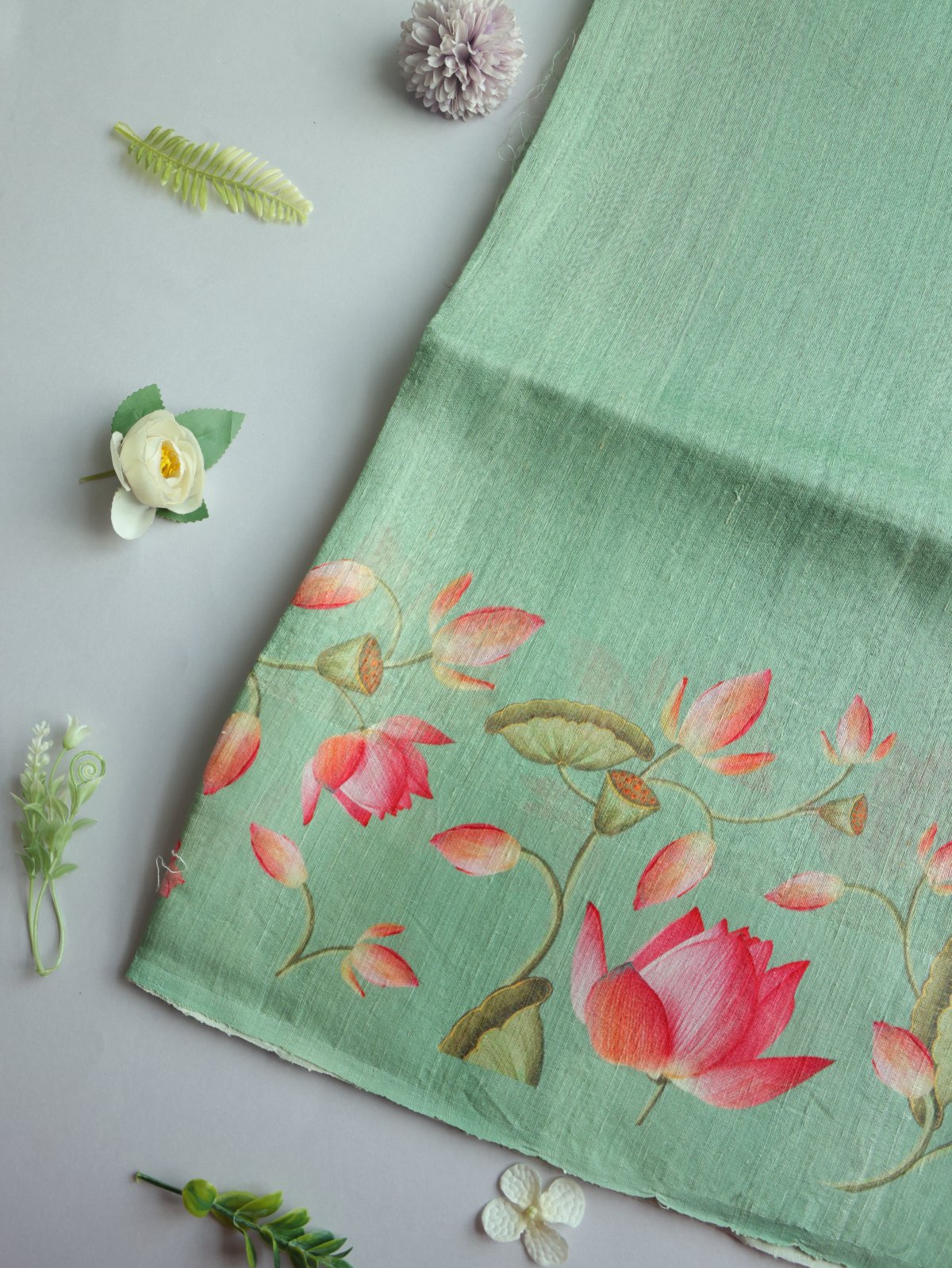 Pastel Green Woven Matka Tussar Silk Saree With Floral Prints