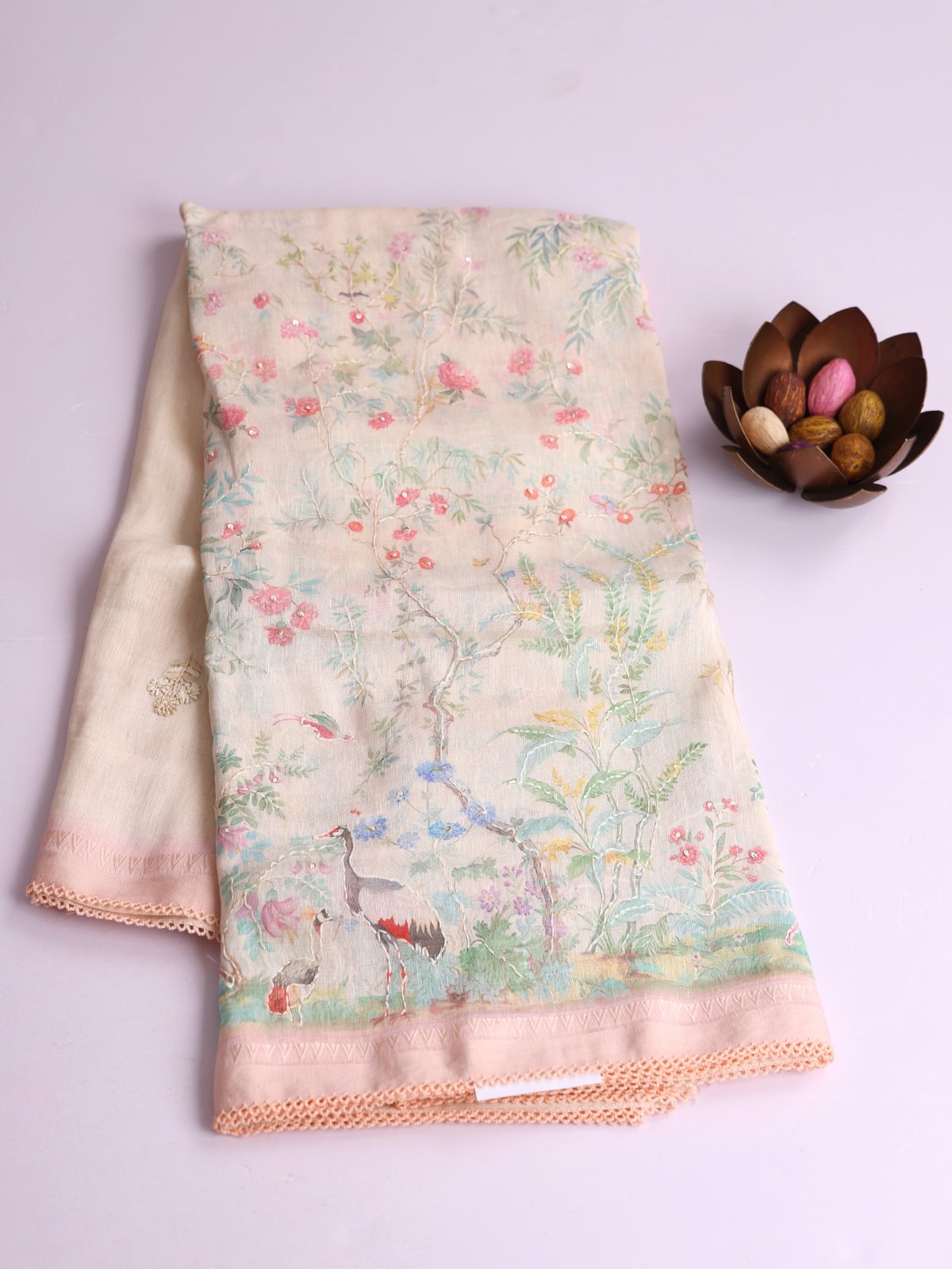 Cream Printed Linen Saree With Embroidery
