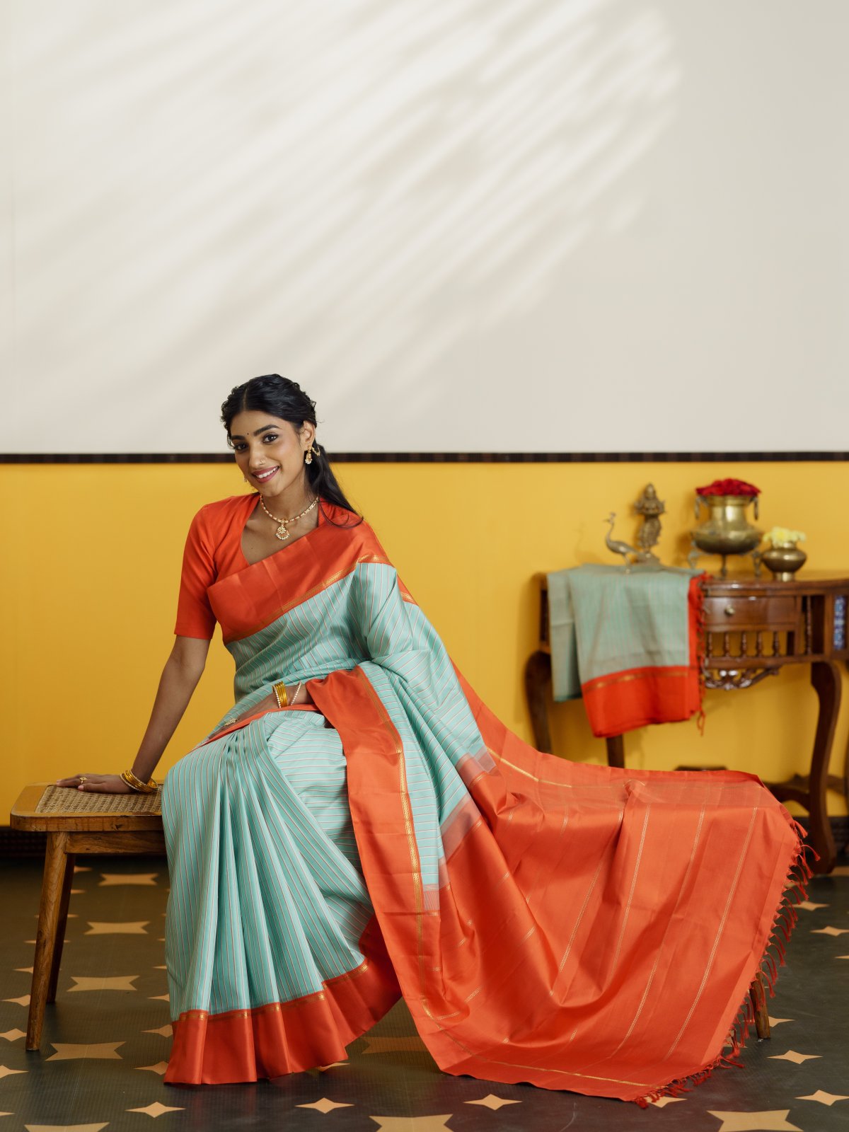 Vintage 62 - Light Bluish Green Kanjeevaram Silk Saree With Orange Border